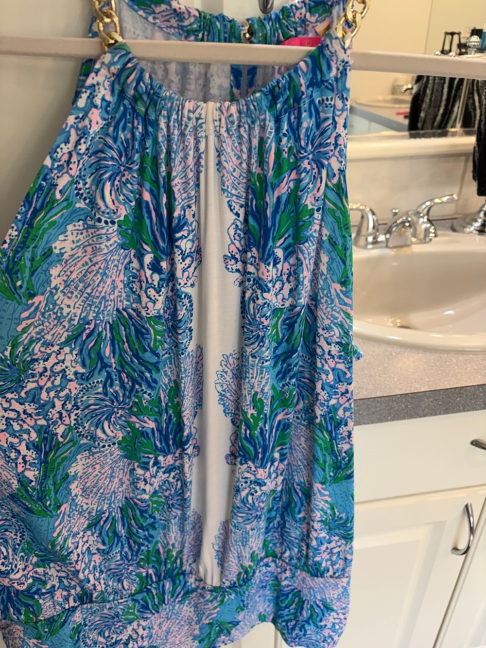 Blue Green Pink Floral Sleeveless Chain-Strap Dress